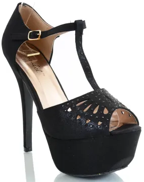 Peep Toe Black Vegan Suede Cut-out Teardrop T-Strap Platform Pump Heels Peep Toe Black Vegan Suede Cut-out Teardrop T-Strap Platform Pump Heels