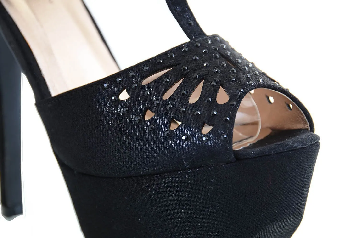 Peep Toe Black Vegan Suede Cut-out Teardrop T-Strap Platform Pump Heels