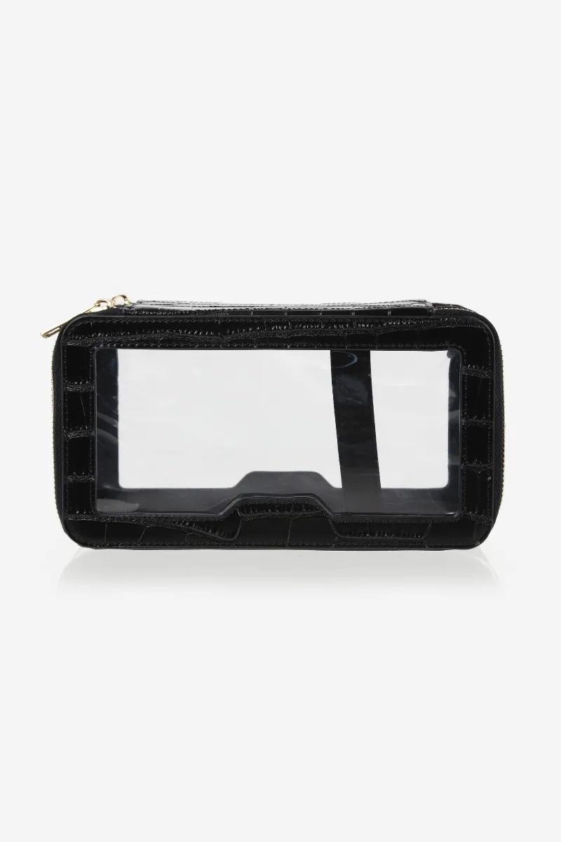 Personalised Leather & Perspex Double Zip Cali Cosmetic Bag - Black Croc