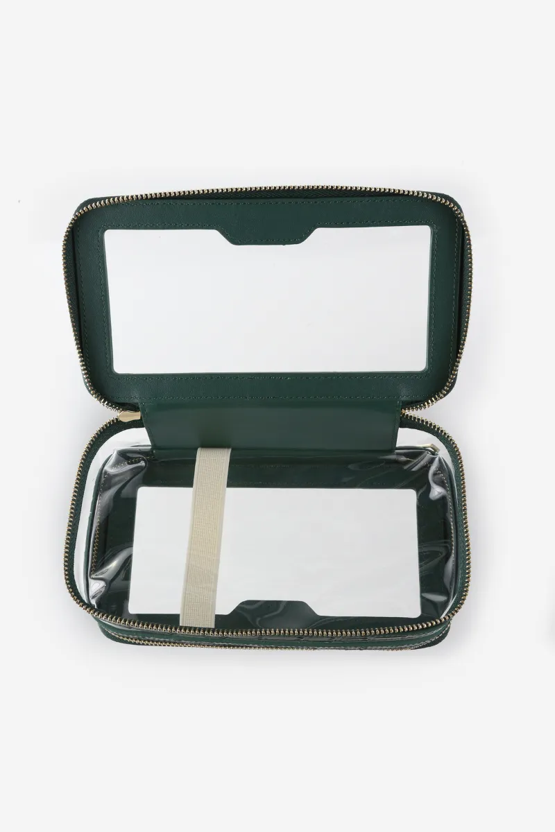 Personalised Leather & Perspex Double Zip Cali Cosmetic Bag - Evergreen Croc