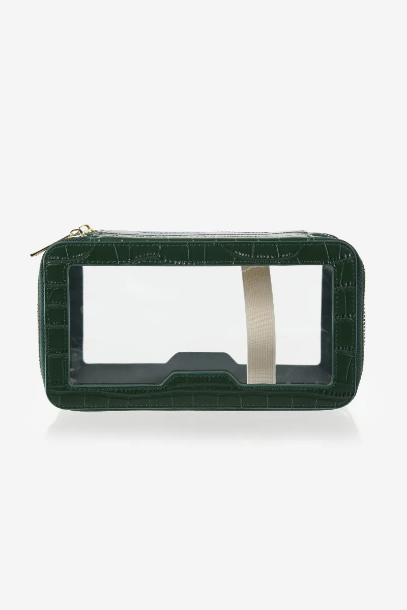 Personalised Leather & Perspex Double Zip Cali Cosmetic Bag - Evergreen Croc