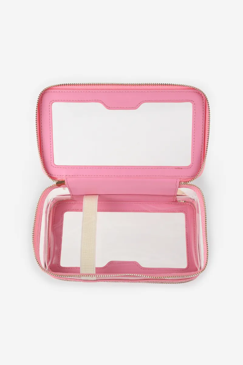 Personalised Leather & Perspex Double Zip Cali Cosmetic Bag - Fuchsia Croc