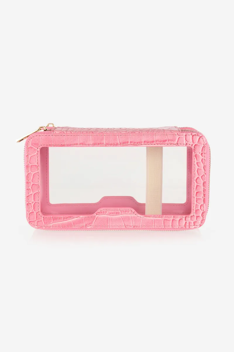 Personalised Leather & Perspex Double Zip Cali Cosmetic Bag - Fuchsia Croc
