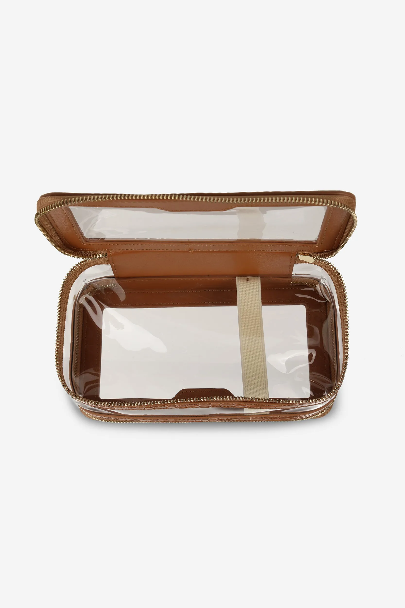 Personalised Leather & Perspex Double Zip Cali Cosmetic Bag - Mocha Croc