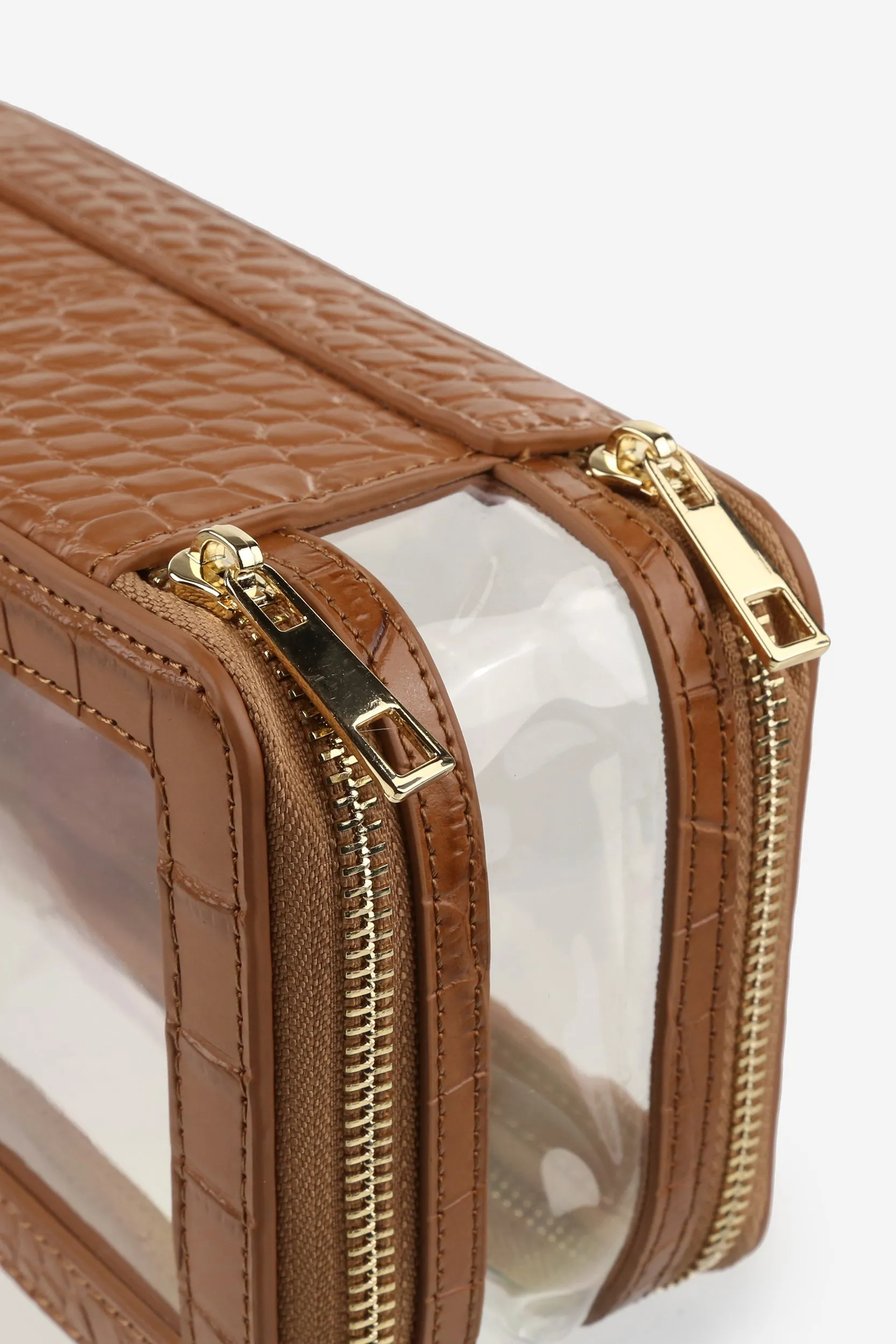 Personalised Leather & Perspex Double Zip Cali Cosmetic Bag - Mocha Croc