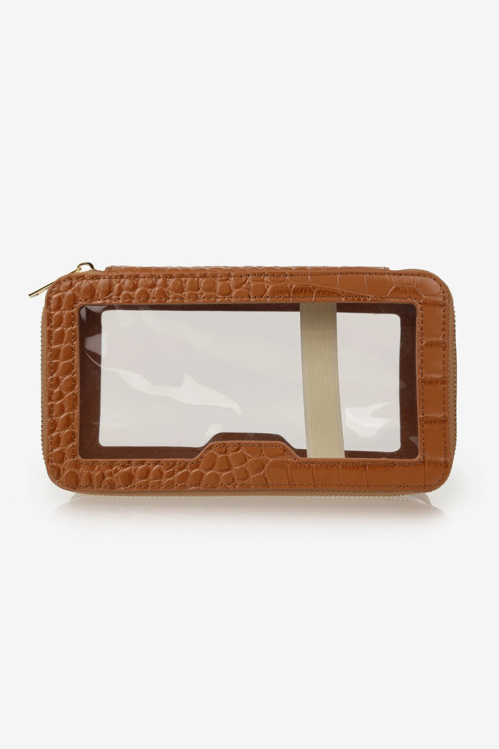 Personalised Leather & Perspex Double Zip Cali Cosmetic Bag - Mocha Croc