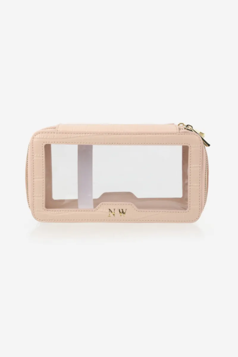 Personalised Leather & Perspex Double Zip Cali Cosmetic Bag - Nude Croc