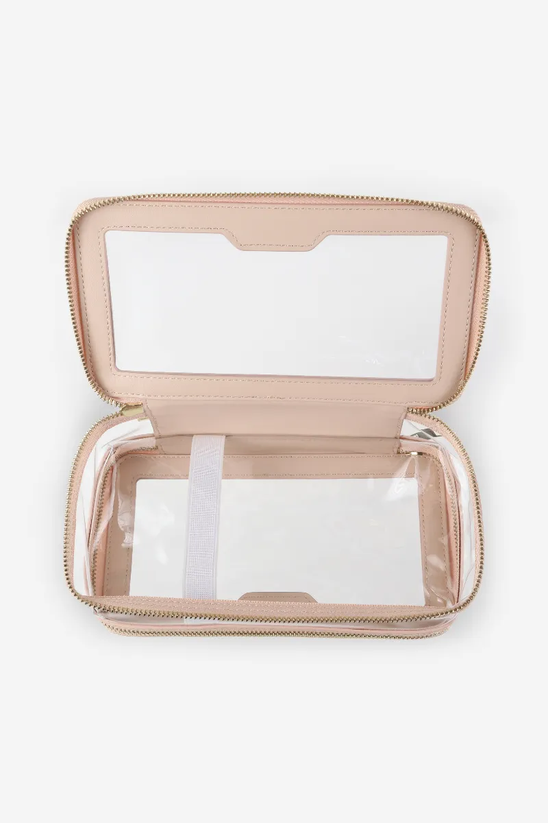 Personalised Leather & Perspex Double Zip Cali Cosmetic Bag - Nude Croc