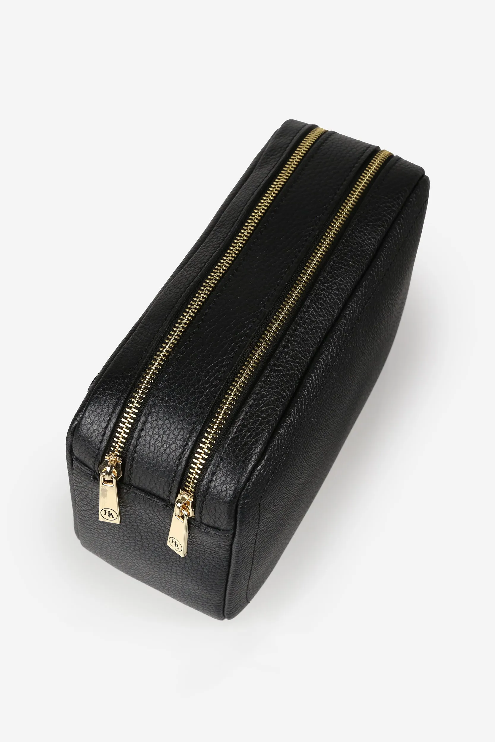 Personalised Leather Double Zip Wash Bag - Black Pebble with Gold Hardware