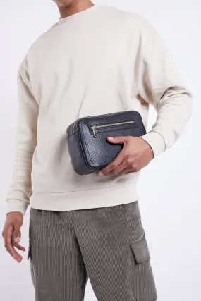 Personalised Leather Double Zip Wash Bag - Black Pebble with Gold Hardware Personalised Leather Double Zip Wash Bag - Black Pebble with Gold Hardware