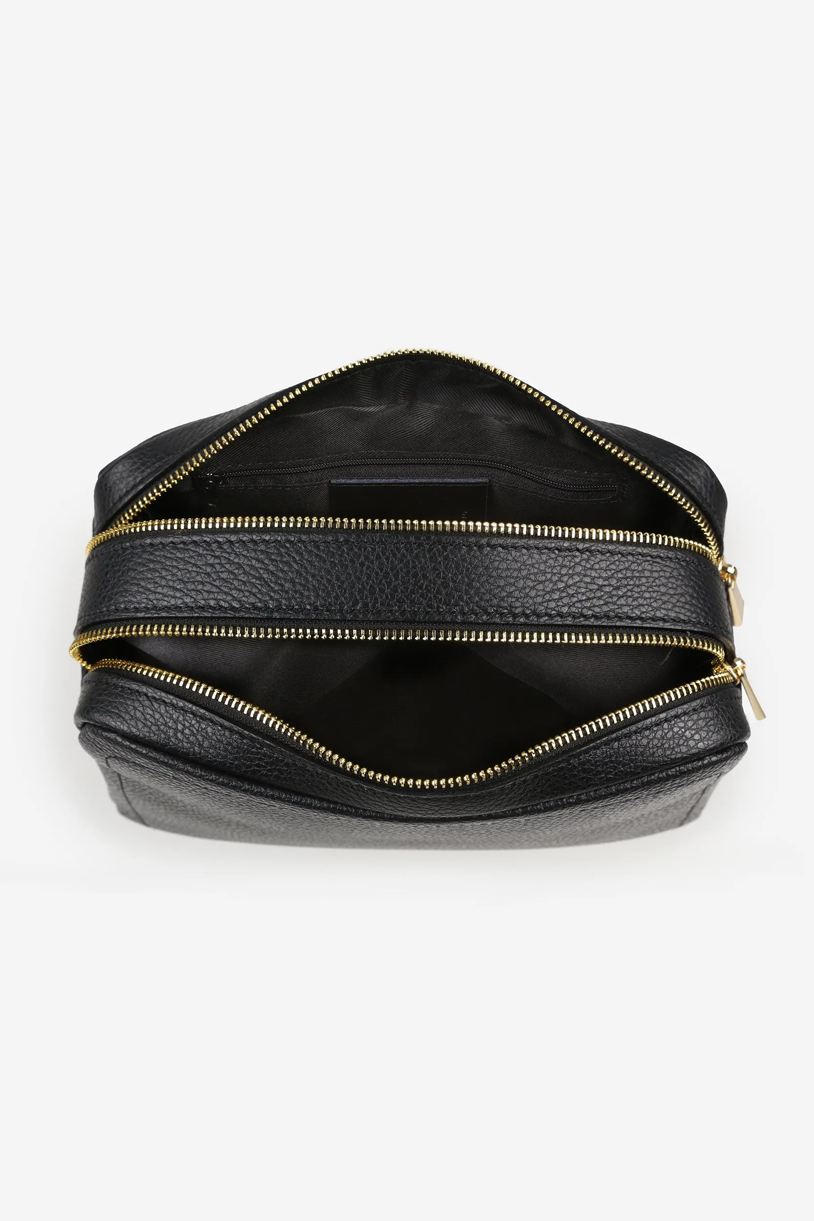 Personalised Leather Double Zip Wash Bag - Black Pebble with Gold Hardware