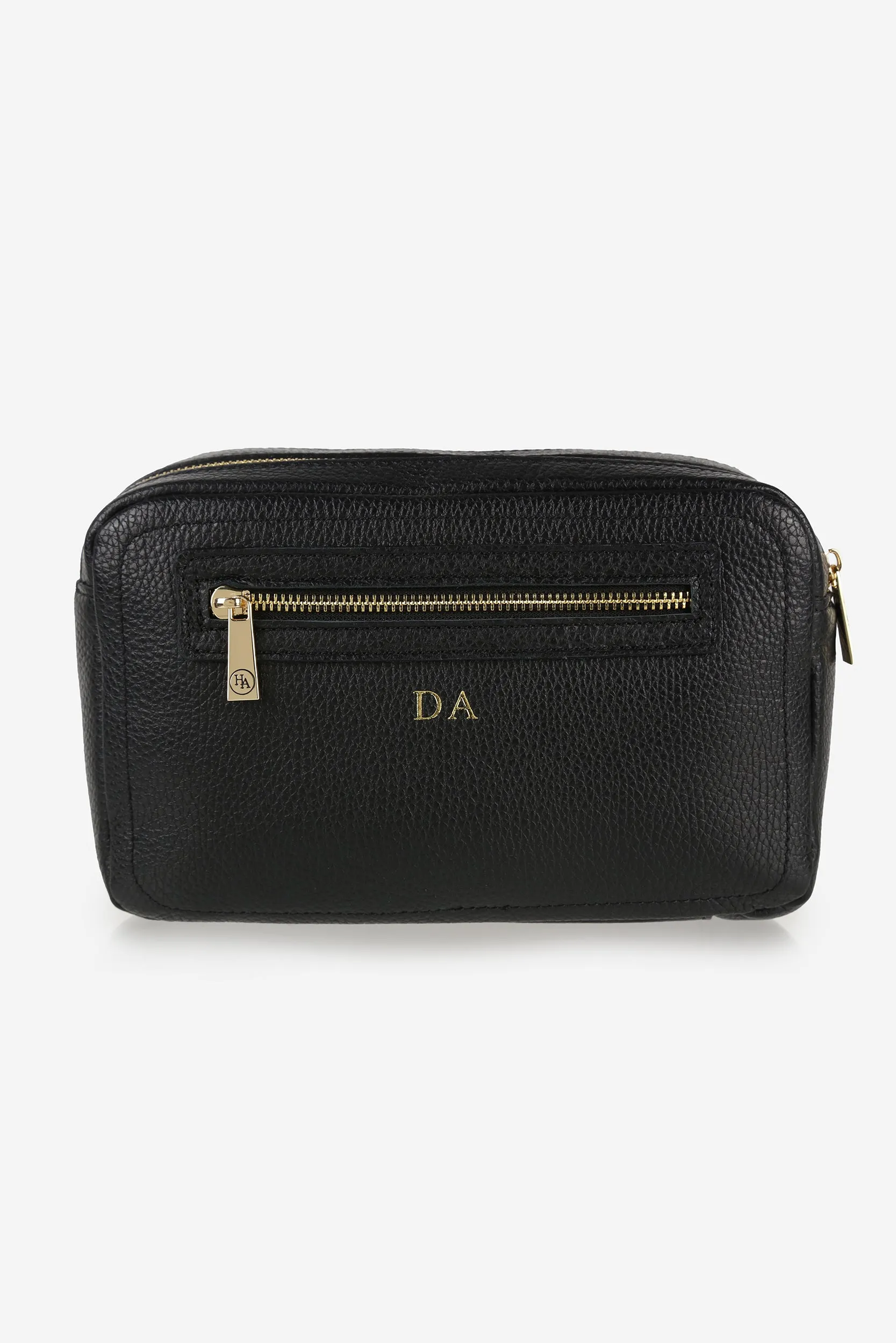 Personalised Leather Double Zip Wash Bag - Black Pebble with Gold Hardware