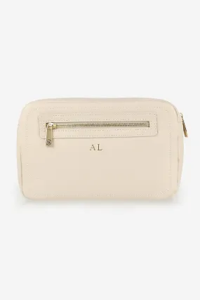 Personalised Leather Double Zip Wash Bag - Ivory Pebble with Gold Hardware Personalised Leather Double Zip Wash Bag - Ivory Pebble with Gold Hardware