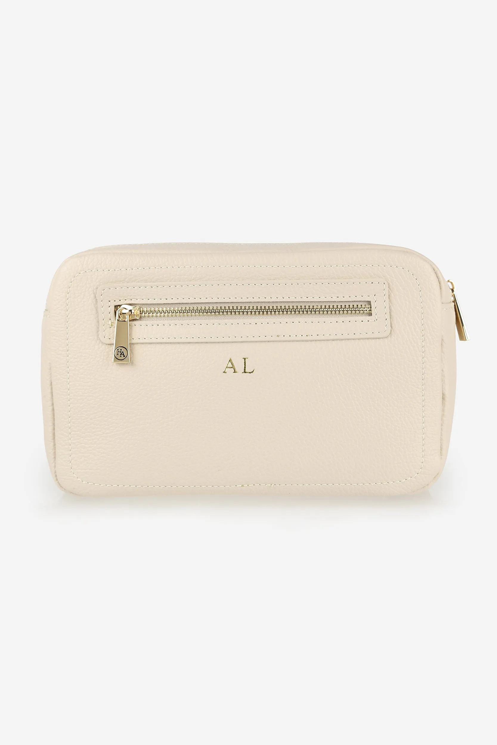 Personalised Leather Double Zip Wash Bag - Ivory Pebble with Gold Hardware