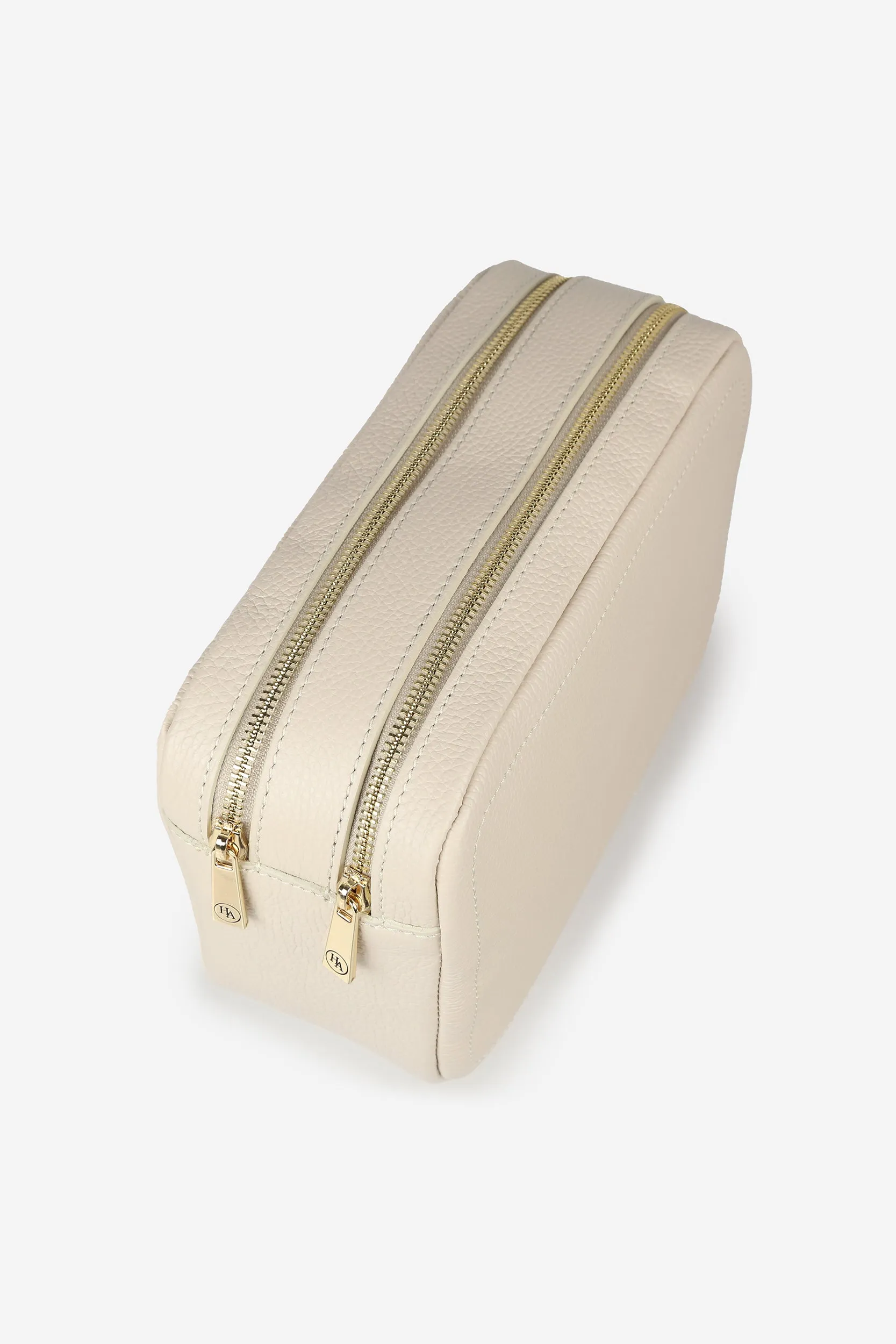 Personalised Leather Double Zip Wash Bag - Ivory Pebble with Gold Hardware