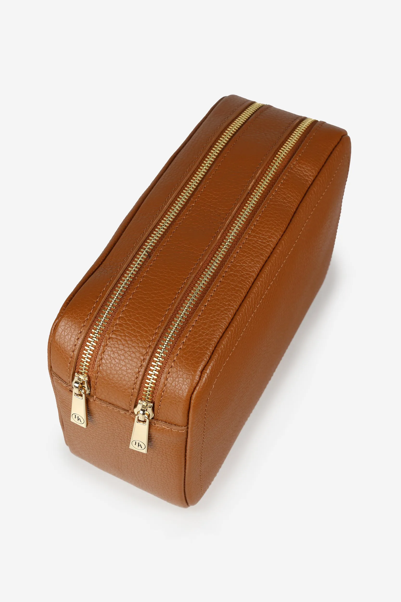 Personalised Leather Double Zip Wash Bag - Tan Pebble with Gold Hardware