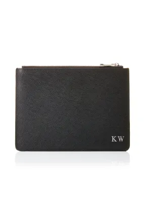Personalised Leather Pouch - Black Saffiano with Silver hardware Personalised Leather Pouch - Black Saffiano with Silver hardware