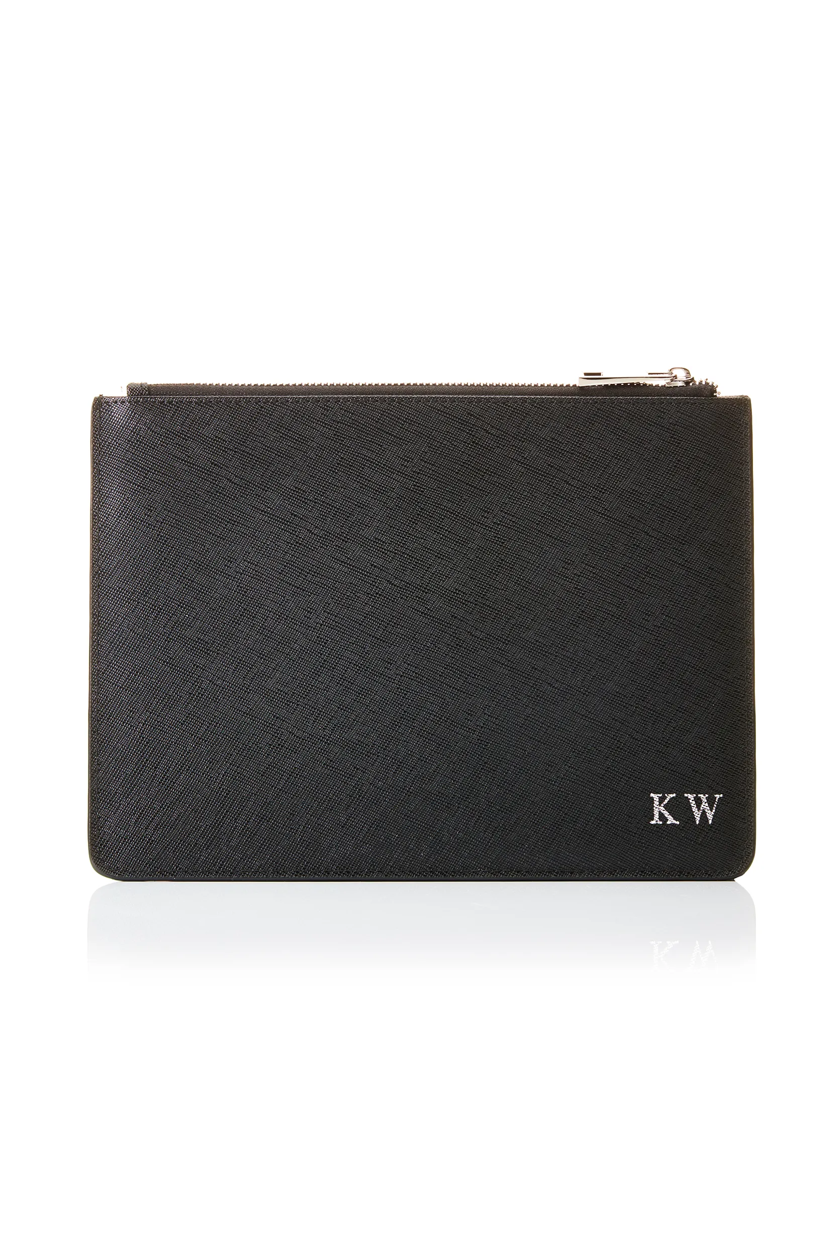 Personalised Leather Pouch - Black Saffiano with Silver hardware