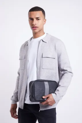 Personalised Leather Striped Wash Bag - Black Saffiano with Silver Hardware Personalised Leather Striped Wash Bag - Black Saffiano with Silver Hardware