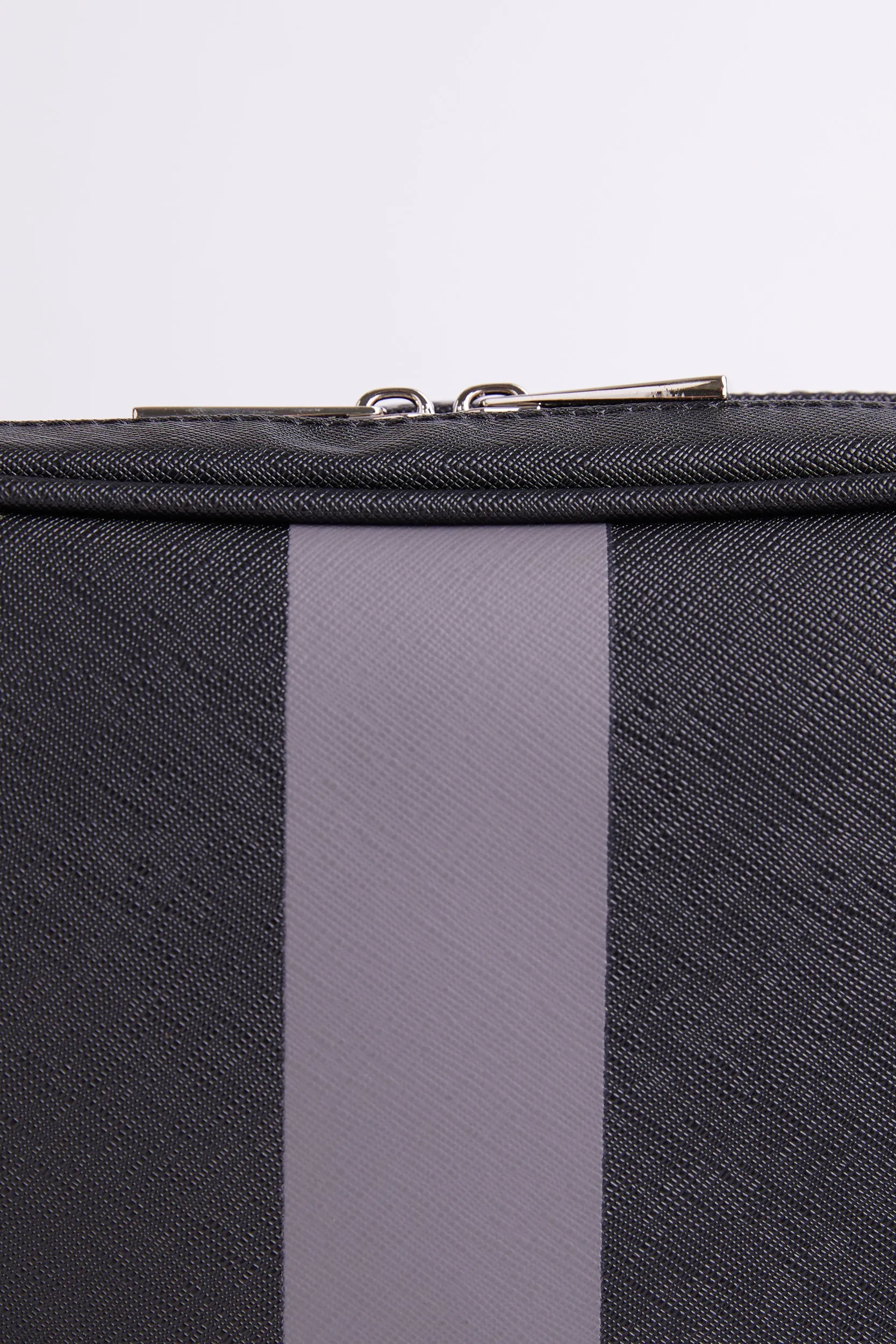 Personalised Leather Striped Wash Bag - Black Saffiano with Silver Hardware