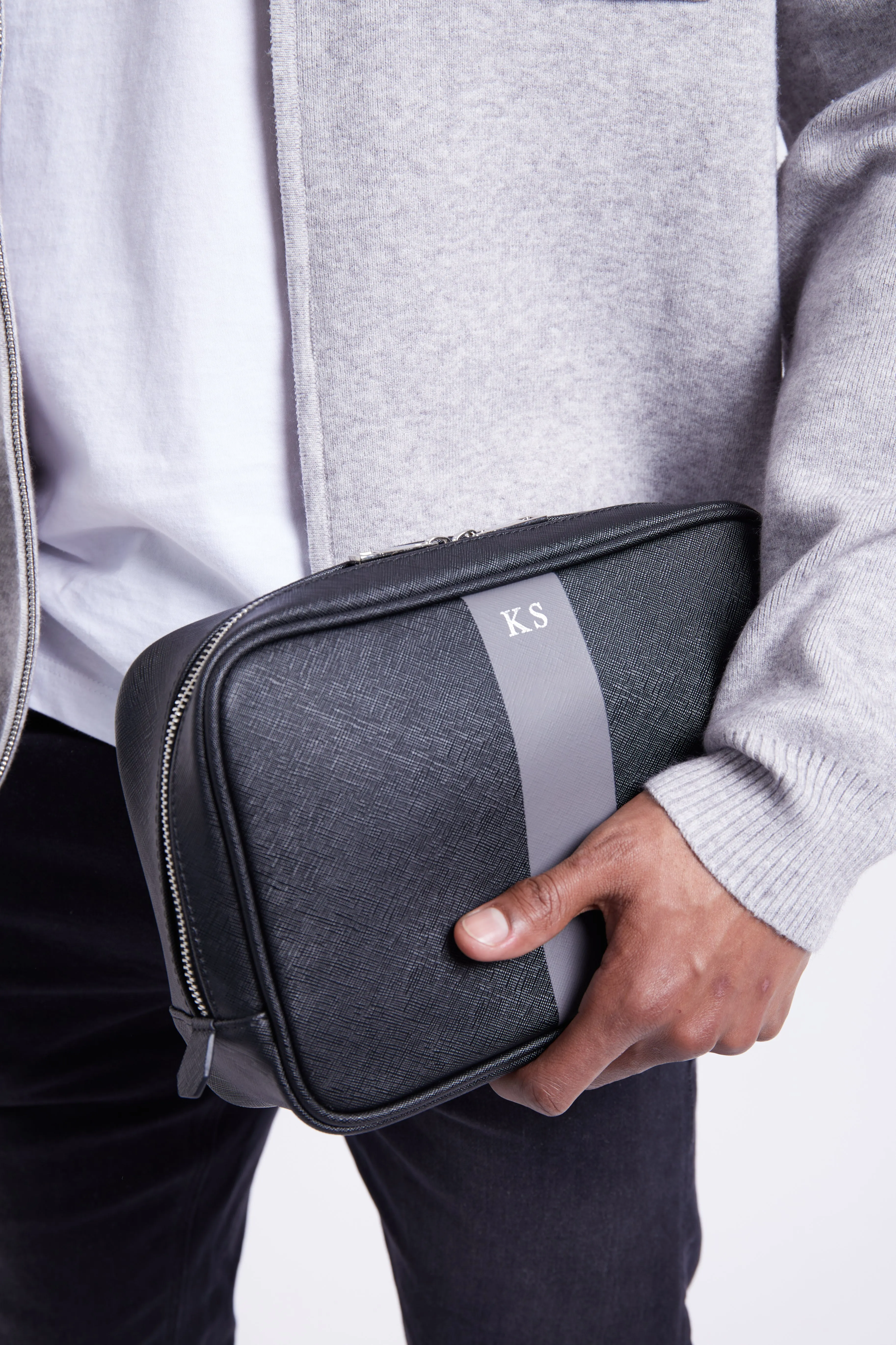 Personalised Leather Striped Wash Bag - Black Saffiano with Silver Hardware