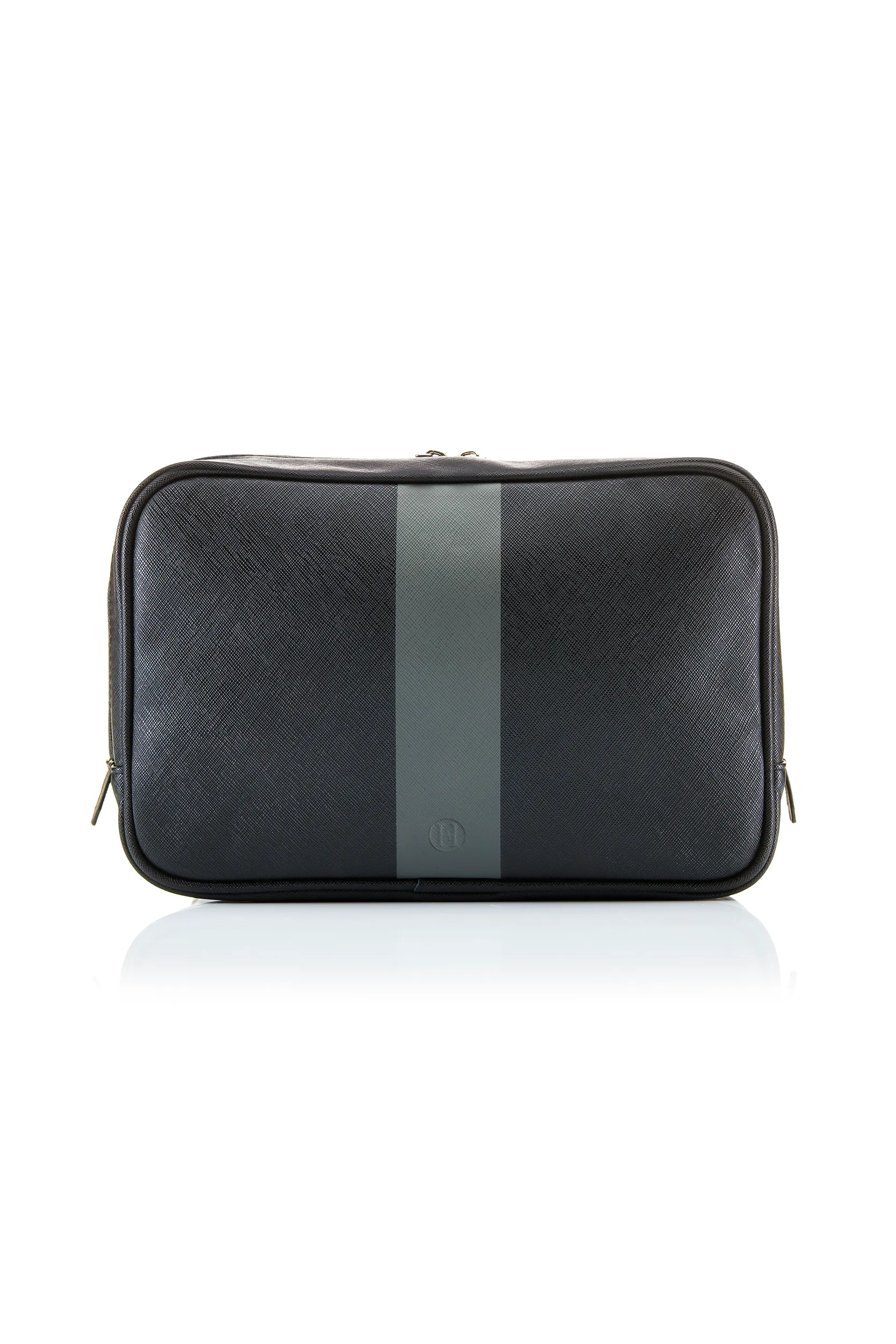 Personalised Leather Striped Wash Bag - Black Saffiano with Silver Hardware