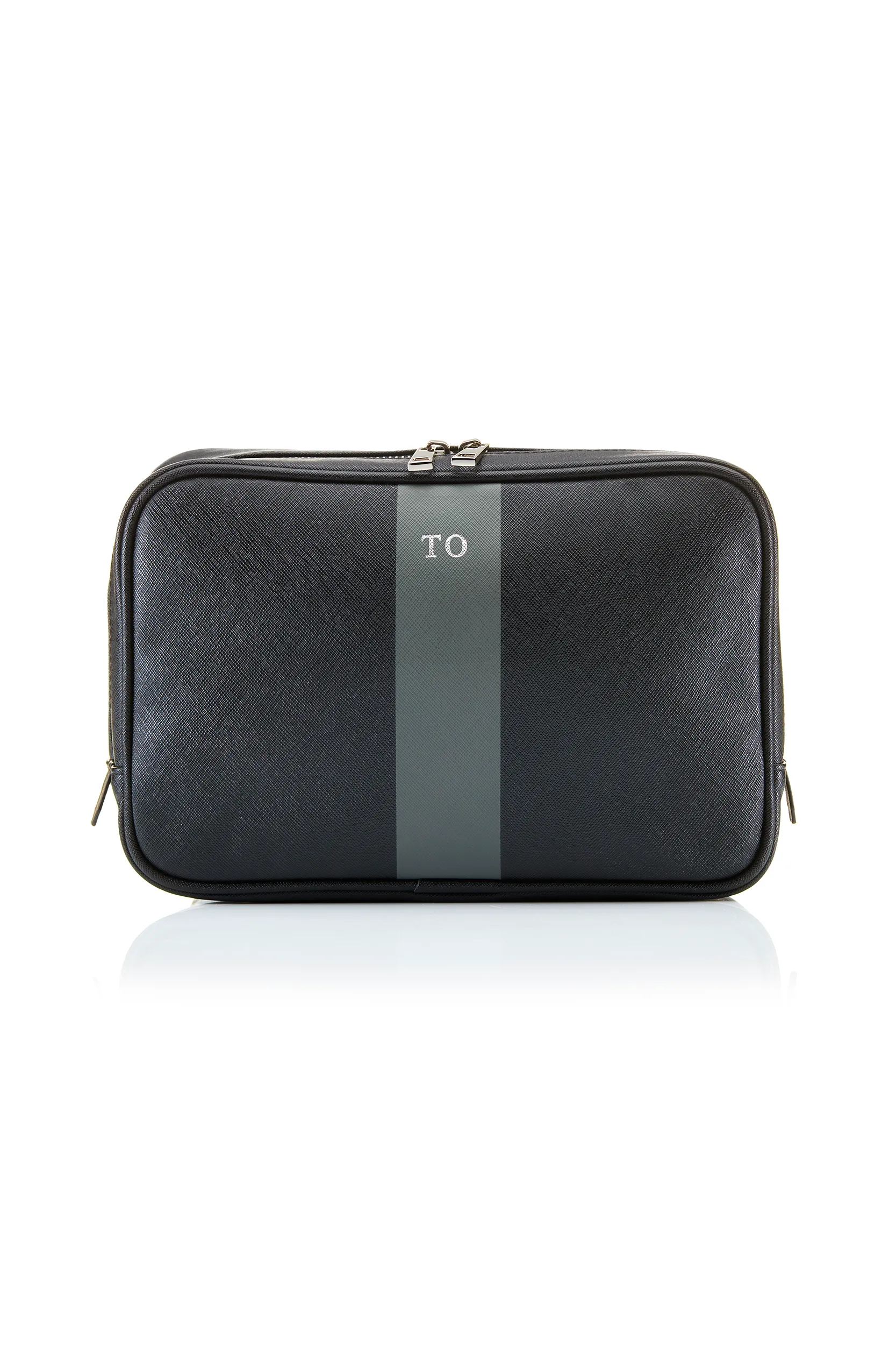 Personalised Leather Striped Wash Bag - Black Saffiano with Silver Hardware