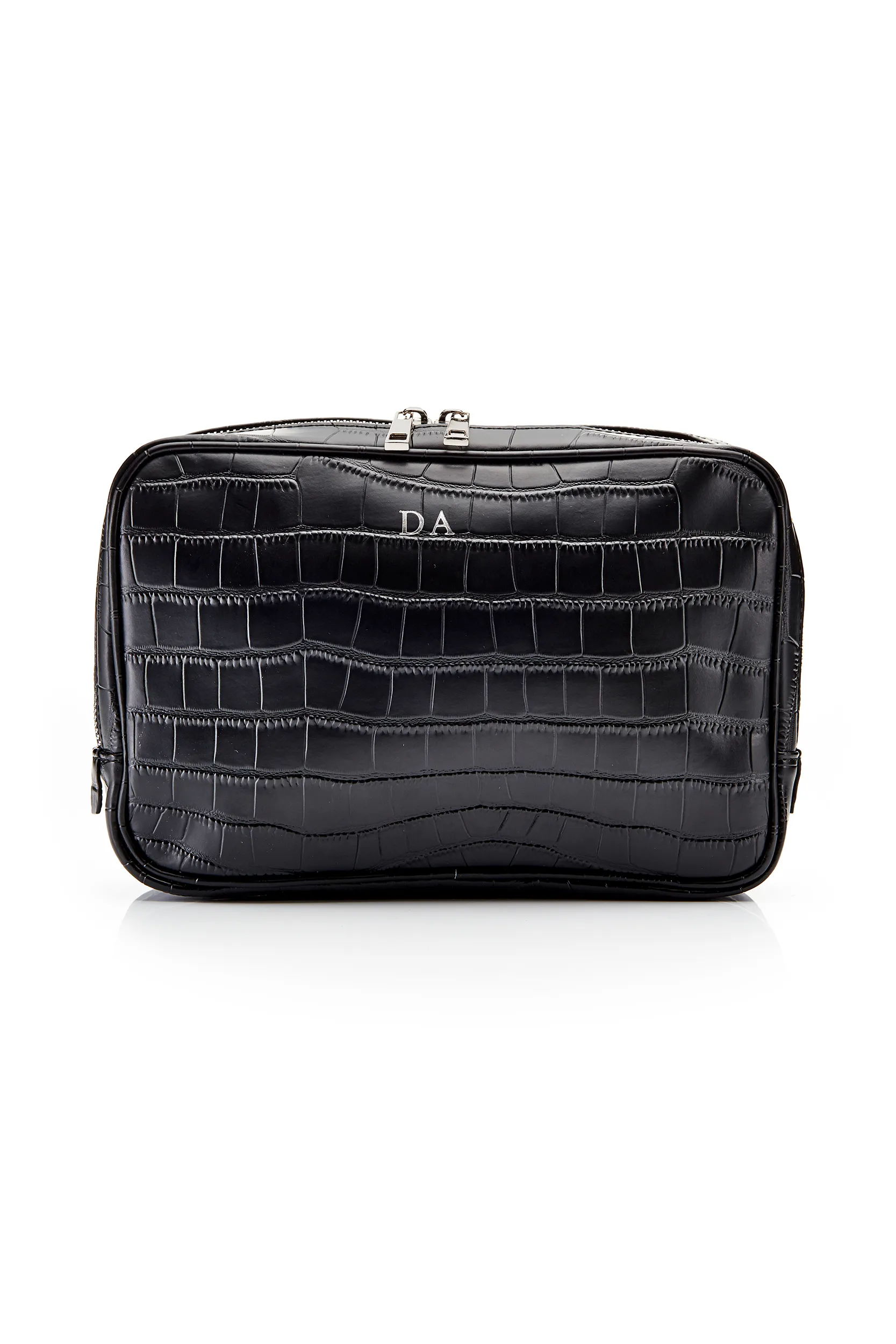 Personalised Leather Wash Bag - Black Croc with Silver Hardware