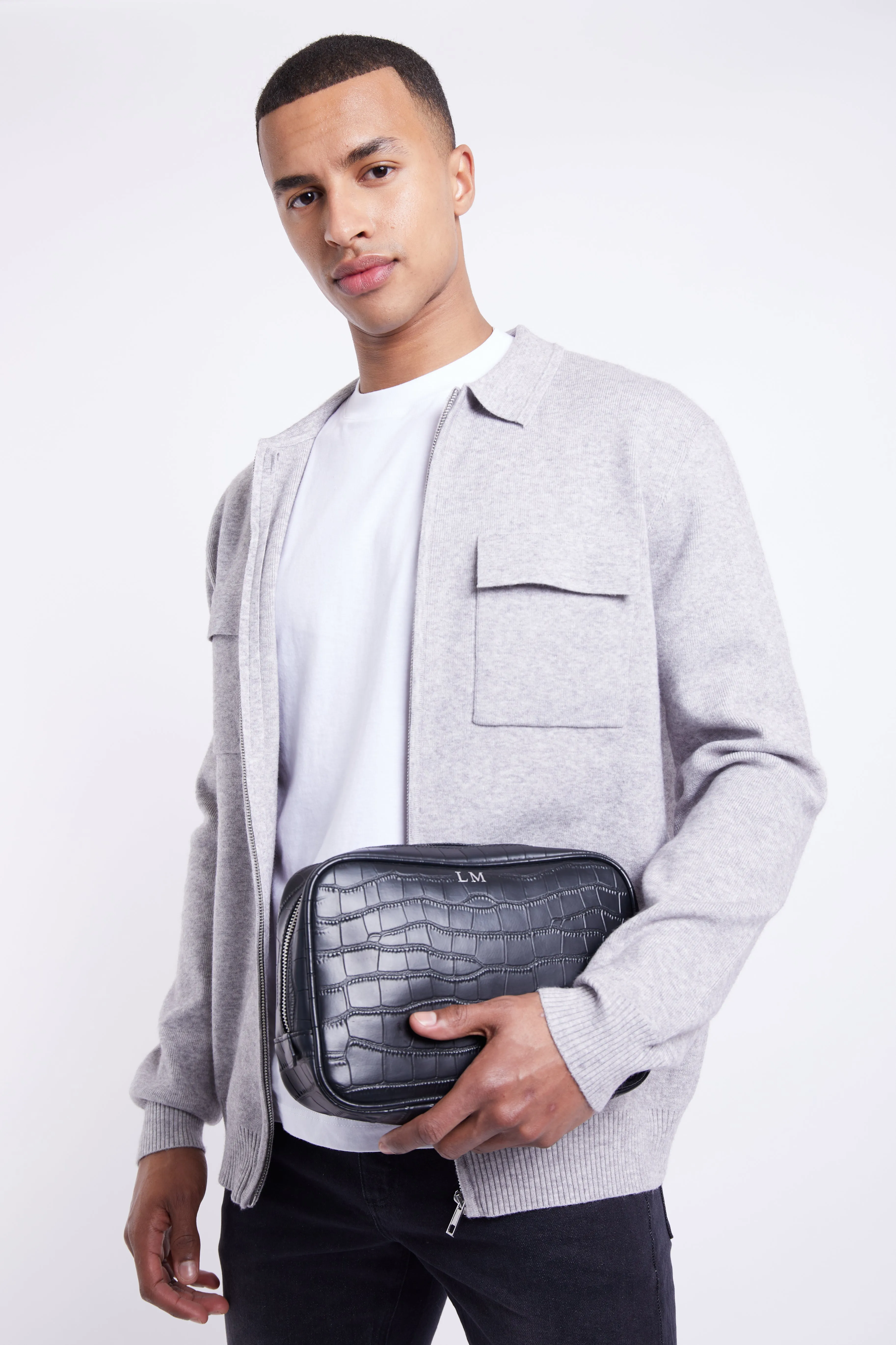 Personalised Leather Wash Bag - Black Croc with Silver Hardware