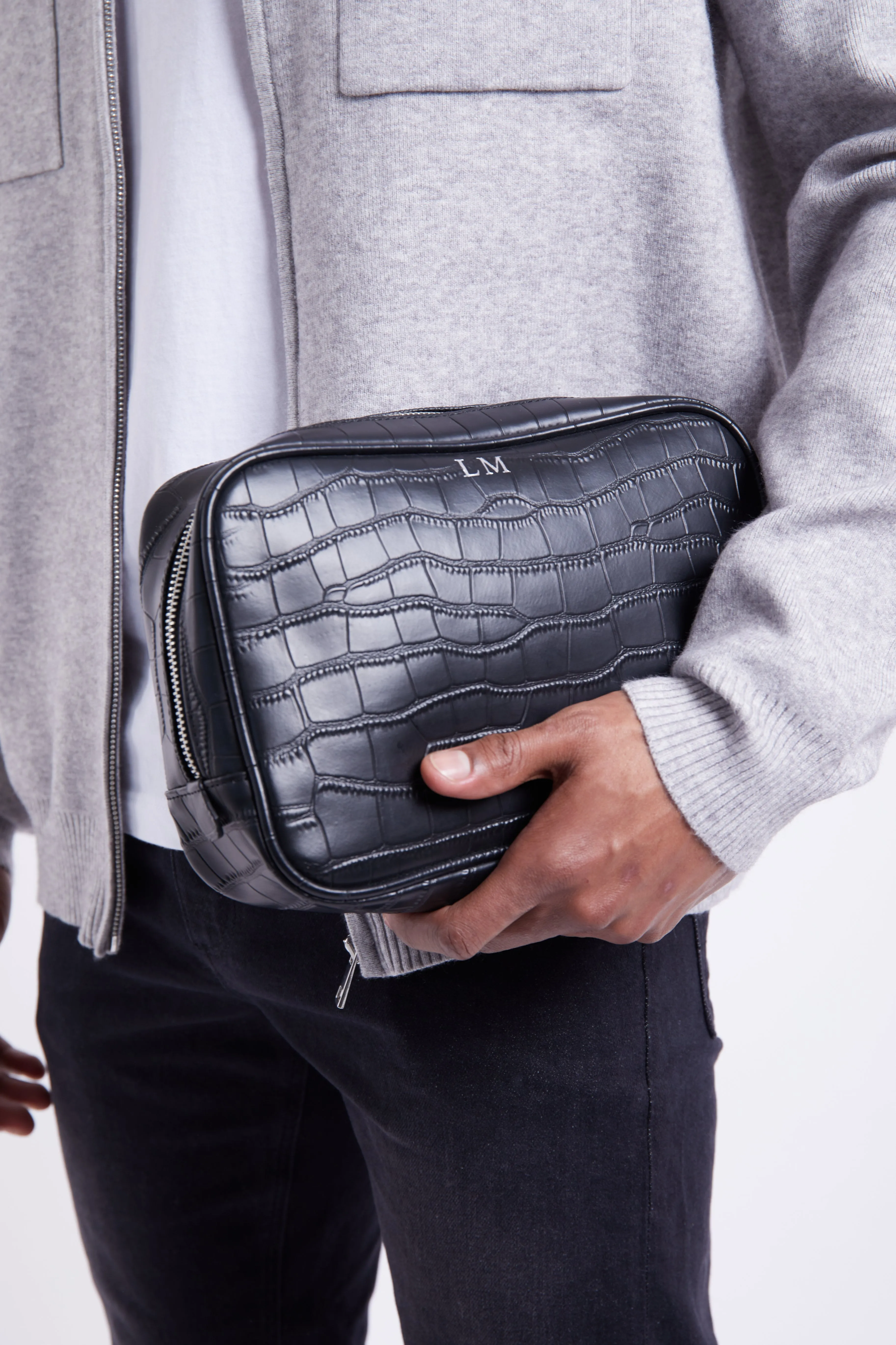 Personalised Leather Wash Bag - Black Croc with Silver Hardware