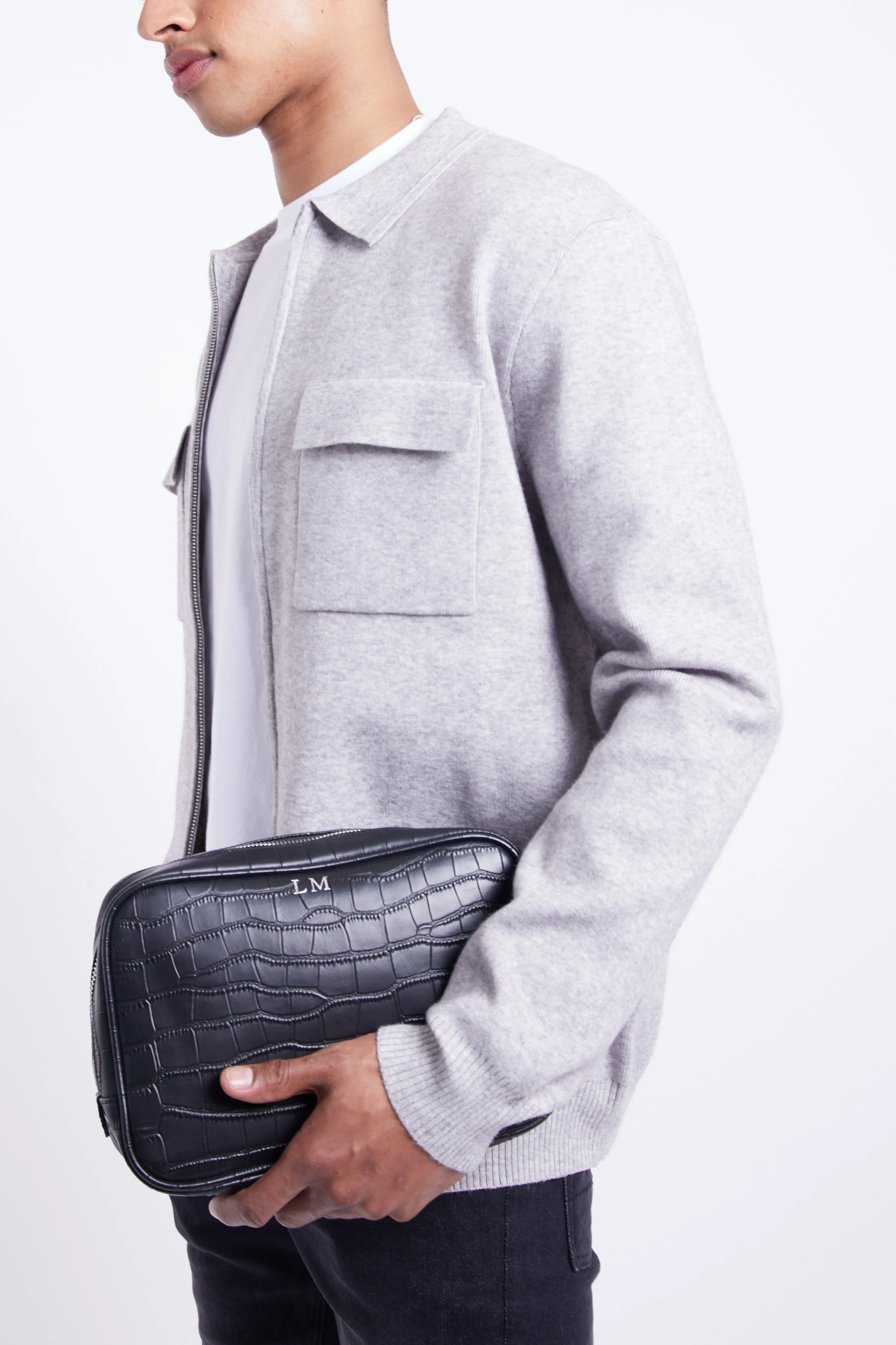 Personalised Leather Wash Bag - Black Croc with Silver Hardware