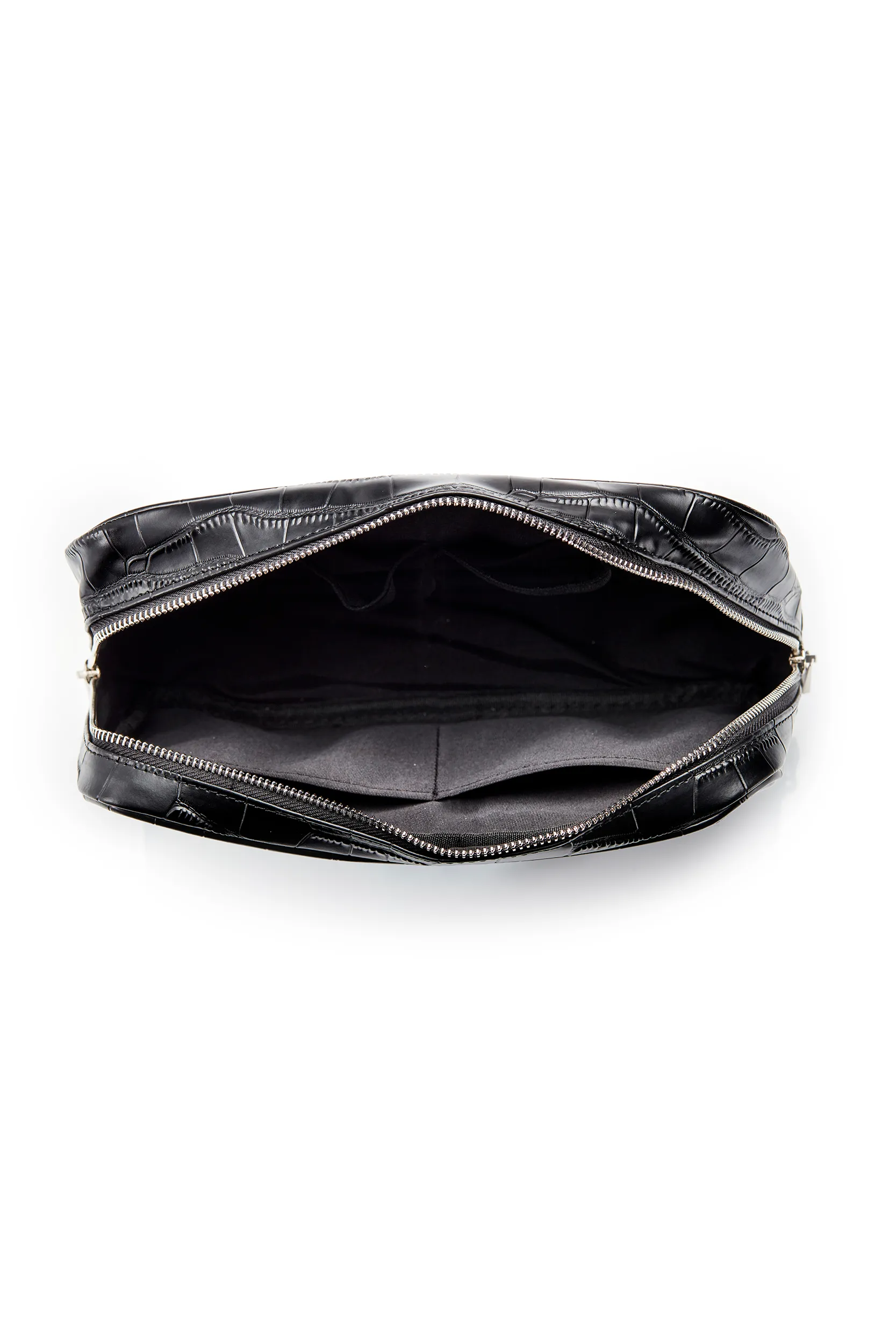 Personalised Leather Wash Bag - Black Croc with Silver Hardware