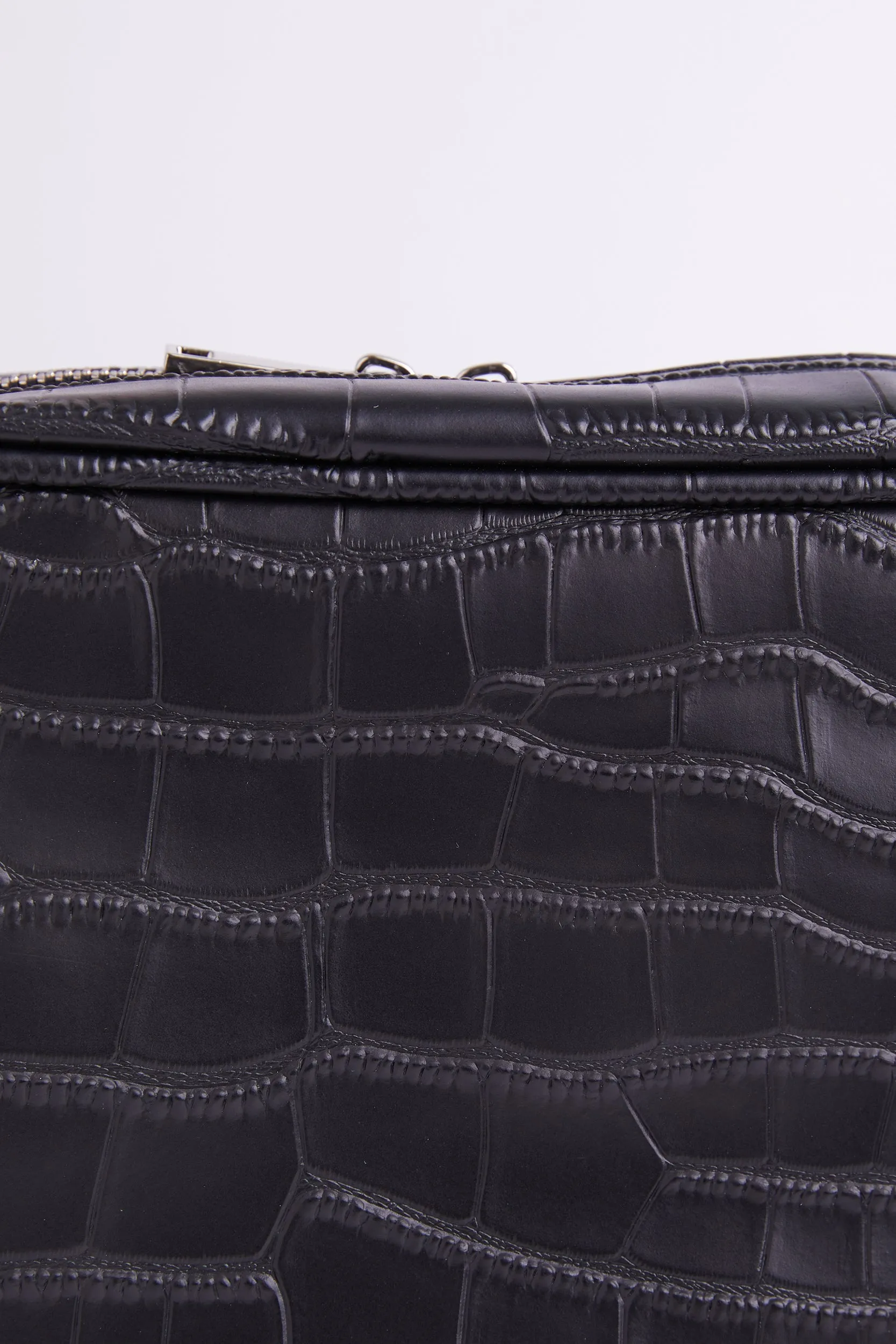 Personalised Leather Wash Bag - Black Croc with Silver Hardware