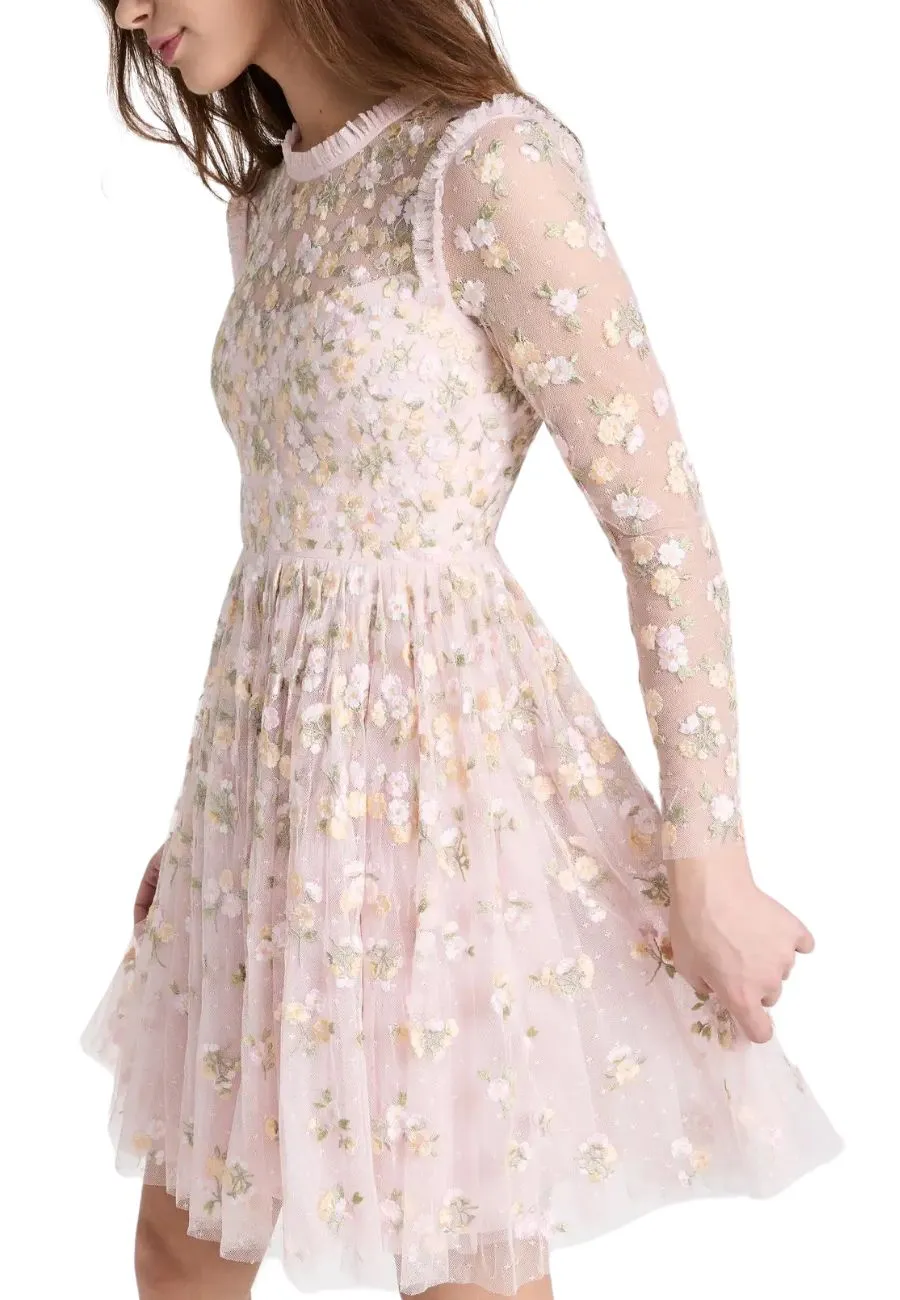 Pink Long Sleeves Wildflower Ditsy Mini Dress