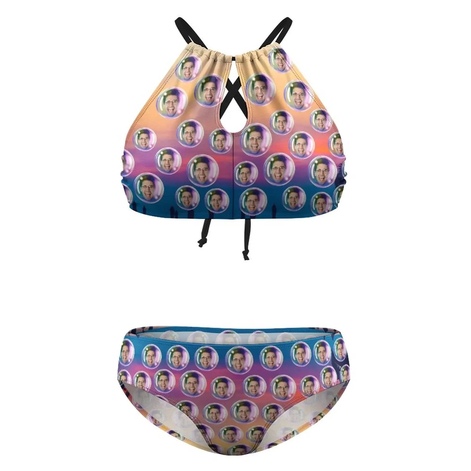#Plus Size Halter Bikini-Custom Face Bubble Gradient Plus Size Swimsuit High Neck Cutout High Waisted Bikini Personalized Women's Two Piece Swimsuit Beach Outfits