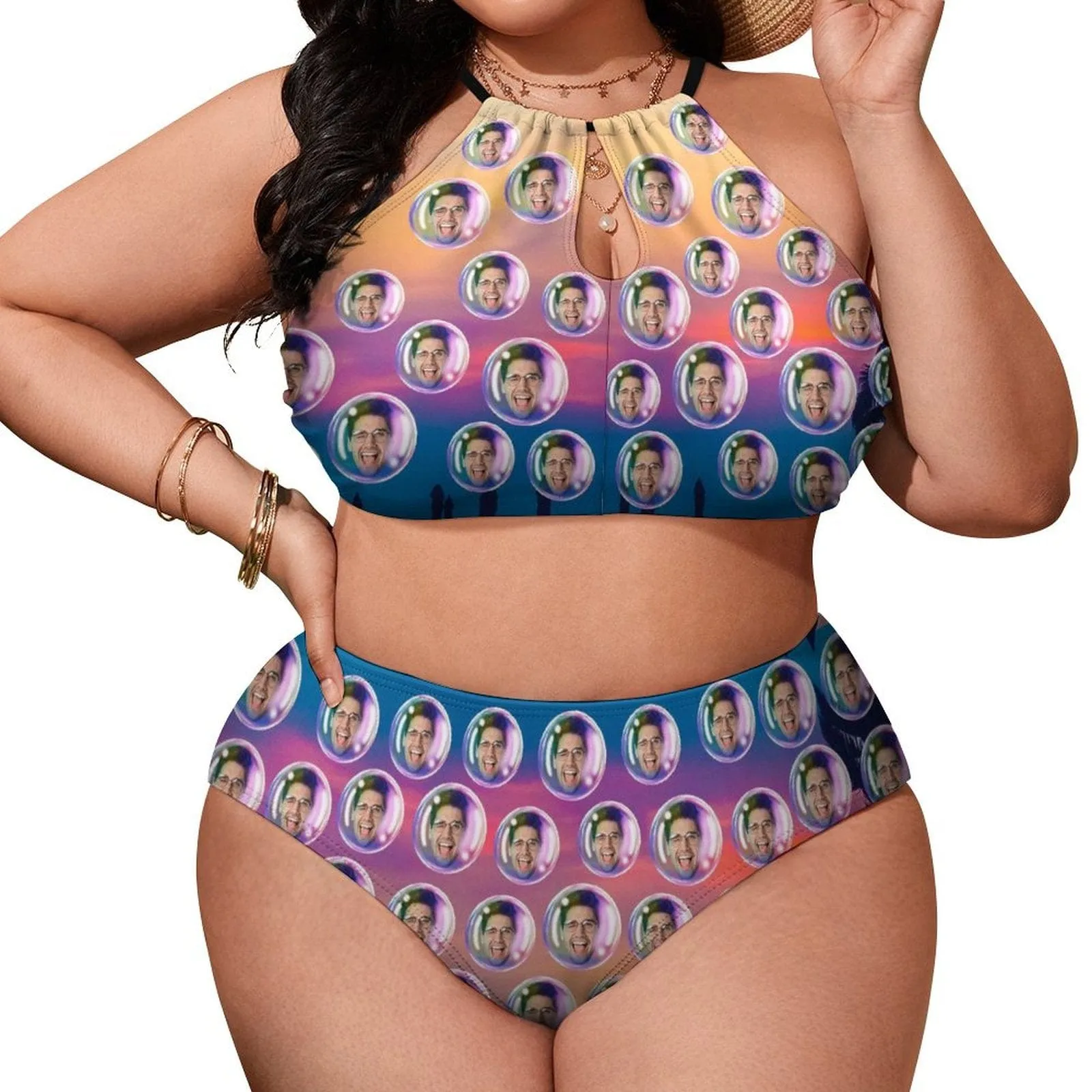 #Plus Size Halter Bikini-Custom Face Bubble Gradient Plus Size Swimsuit High Neck Cutout High Waisted Bikini Personalized Women's Two Piece Swimsuit Beach Outfits