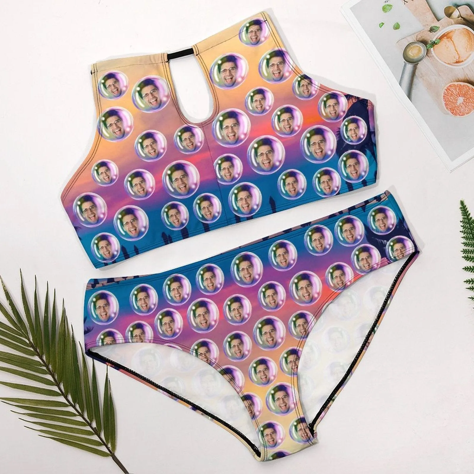 #Plus Size Halter Bikini-Custom Face Bubble Gradient Plus Size Swimsuit High Neck Cutout High Waisted Bikini Personalized Women's Two Piece Swimsuit Beach Outfits