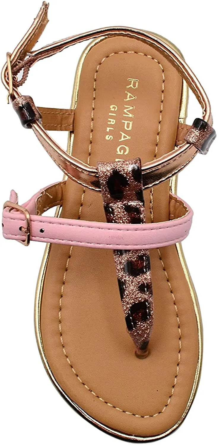 Rampage Girls Big Kid Leopard Print T-Strap Thong Slide Sandal with Adjustable Back Strap - Fashion Summer Flat Shoes