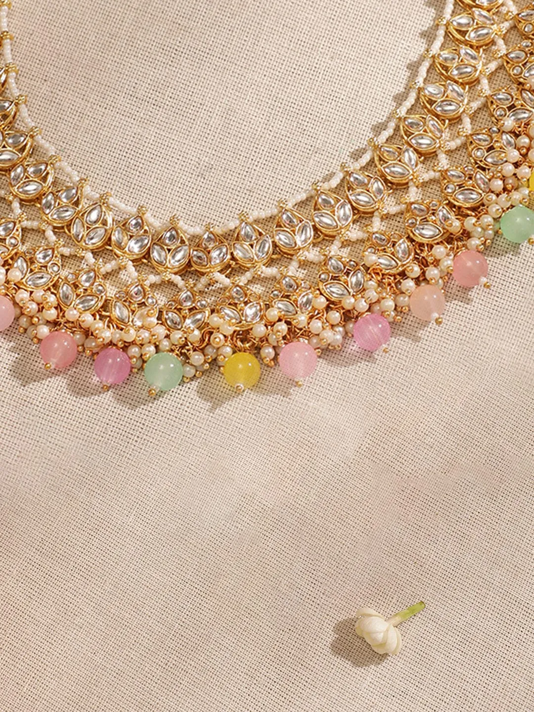 Rubans 22K Gold plated Kundan studded multicolour beaded chandbali motif Statement Necklace Set