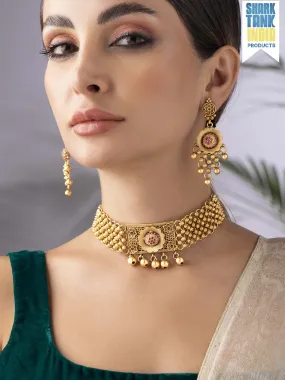 Rubans 24K Gold Plated Handcrafted Ruby Stone Temple Choker Set Rubans 24K Gold Plated Handcrafted Ruby Stone Temple Choker Set