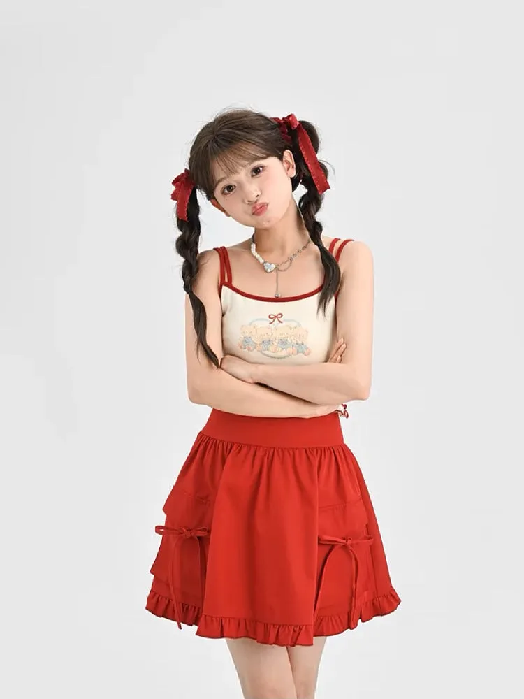 Ruby Ribbon High Waist Umbrella Skirt