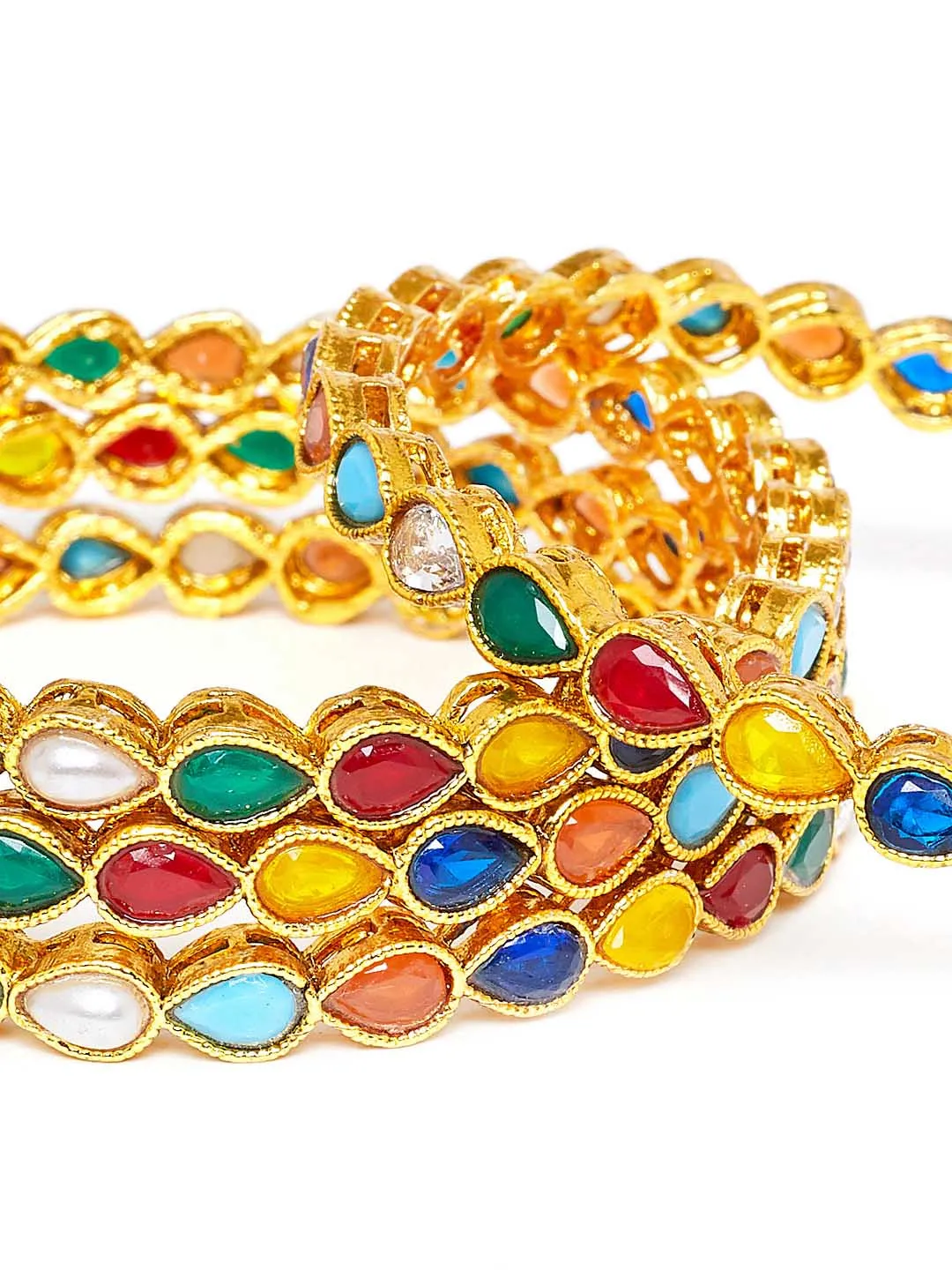 Set of 4 Gold-Plated Multicolored Stone-Studded Bangles