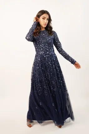 Sila Long Sleeve Embellished Maxi Dress in Dark Blue Sila Long Sleeve Embellished Maxi Dress in Dark Blue