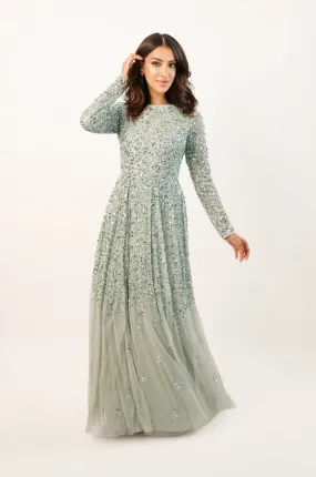 Sila Long Sleeve Embellished Maxi Dress in Sage Green Sila Long Sleeve Embellished Maxi Dress in Sage Green