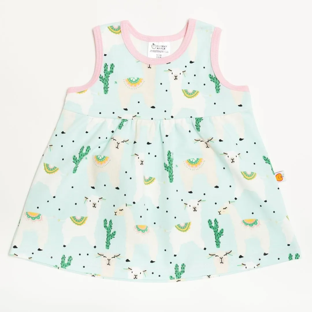 Sleeveless dress "Alpakas Turquoise/Baby Pink"