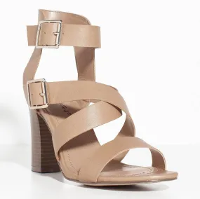 Strappy Chunky Heel Double Buckle Open Toe Sandal Natural Strappy Chunky Heel Double Buckle Open Toe Sandal Natural