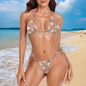 Vampire Art Glam Halter String Bikini Swimsuit Set - Retro Flowers in Beige Vampire Art Glam Halter String Bikini Swimsuit Set - Retro Flowers in Beige