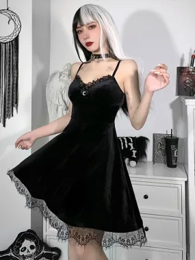 Velvet Spaghetti Strap Backless Moon Pendant Colorful Lace Trim A-Line Waist-in Sleeveless Corset Dress Velvet Spaghetti Strap Backless Moon Pendant Colorful Lace Trim A-Line Waist-in Sleeveless Corset Dress