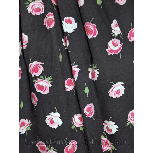 Vintage 1940s Cotton Skirt Pink Roses Print on Black M