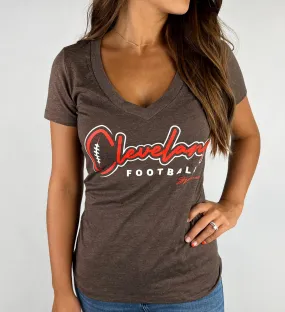 Women's Brown Cleveland Football Script V Neck Women's Brown Cleveland Football Script V Neck